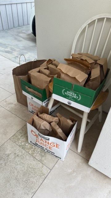 Donation bags organized on chairs ready for distribution